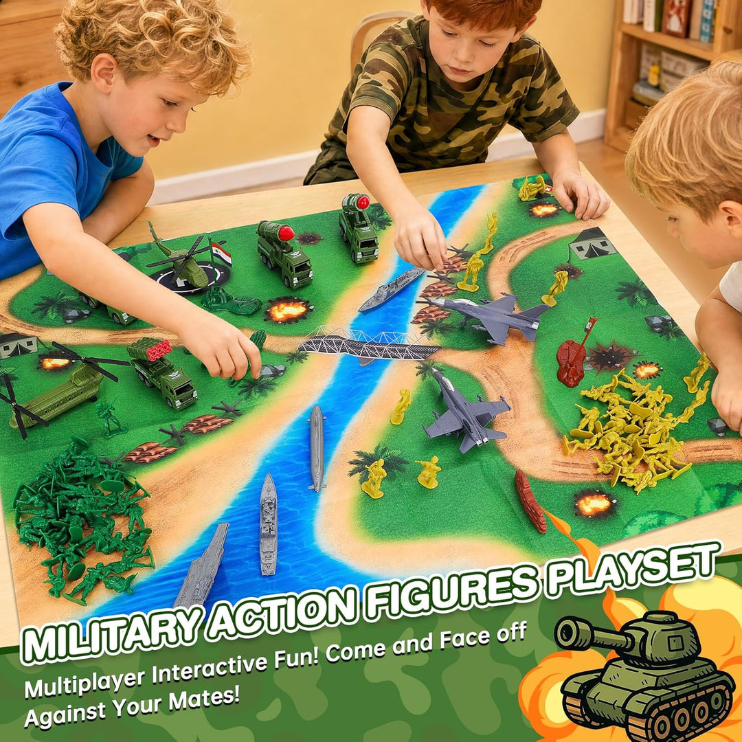deAO Militär-Spielzeugset 78-teilig, Soldat Flugzeuge Schiffe Raketenwagen | 30 grüne + 30 gelbe Sol