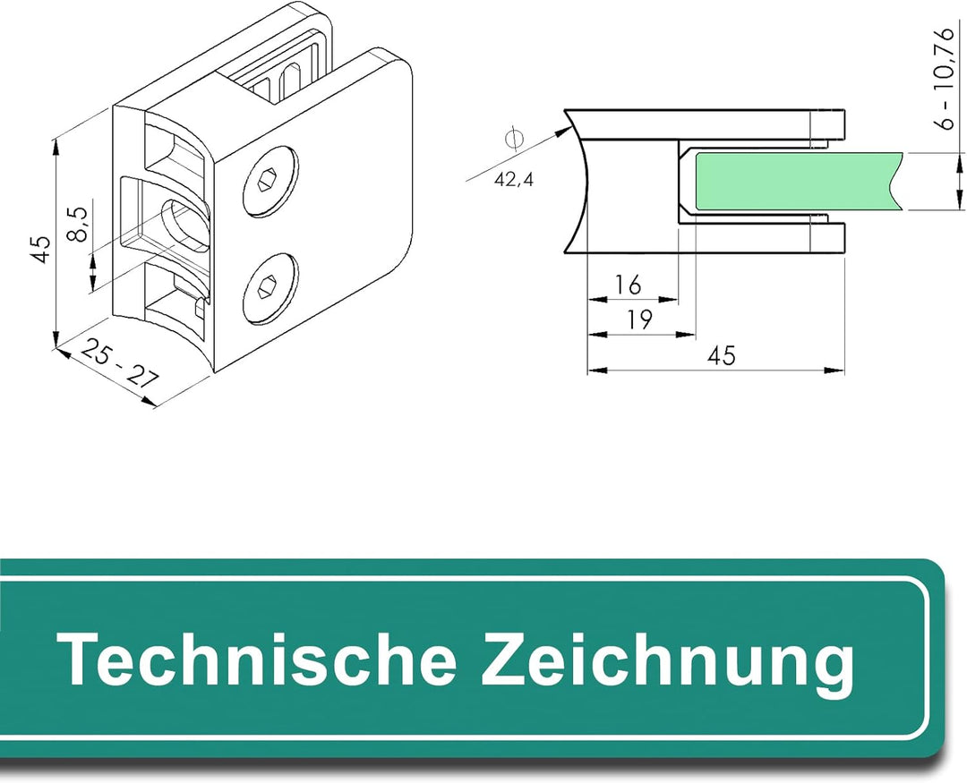 PRIOstahl Glashalter Glasklemmen Abstandhalter Klemmhalter - 4 Stück 45 x 45 x 26 mm für Ø 42,4 mm G