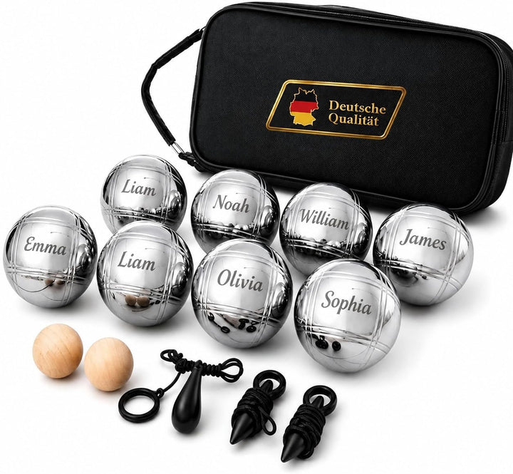 Boules-Set aus verchromtem Stahl (8 Kugeln),2 Holz-Zielkugeln, Abstandsmesser &amp; Ballabsauger | Kompl