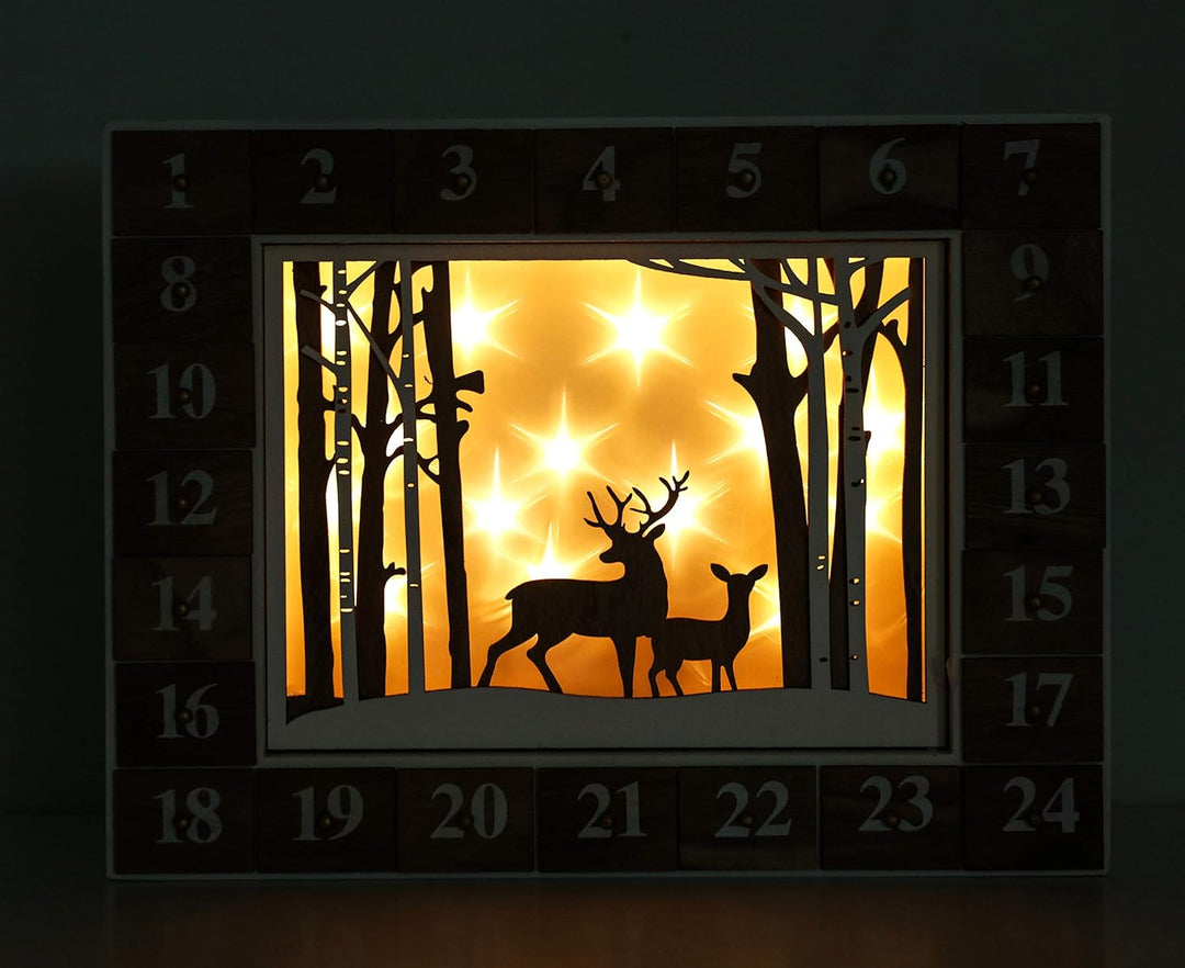 BRUBAKER Adventskalender aus Holz zum Befüllen - Weisse Winterlandschaft mit LED Beleuchtung - Wiede