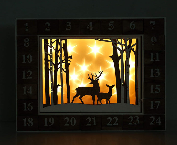 BRUBAKER Adventskalender aus Holz zum Befüllen - Weisse Winterlandschaft mit LED Beleuchtung - Wiede