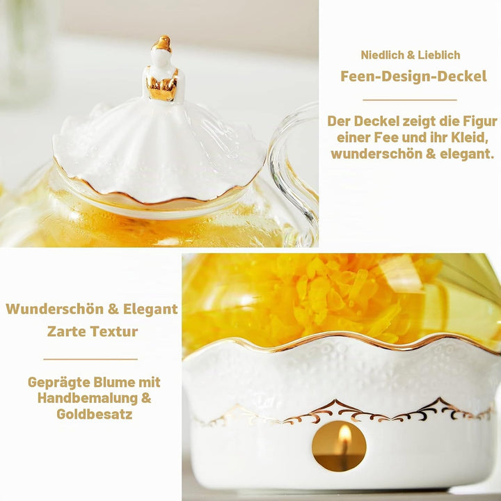 DUJUST Teekannen mit Stövchen Set, Luxuriöses Britisches Design mit Reliefdekor und Goldverzierungen