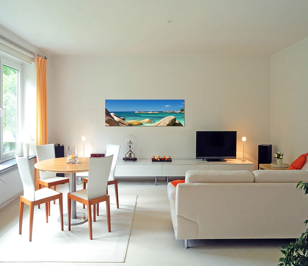 Paul Sinus Art Panoramabild auf Leinwand und Keilrahmen 150x50cm Seychellen Meer Steine Strand Himme