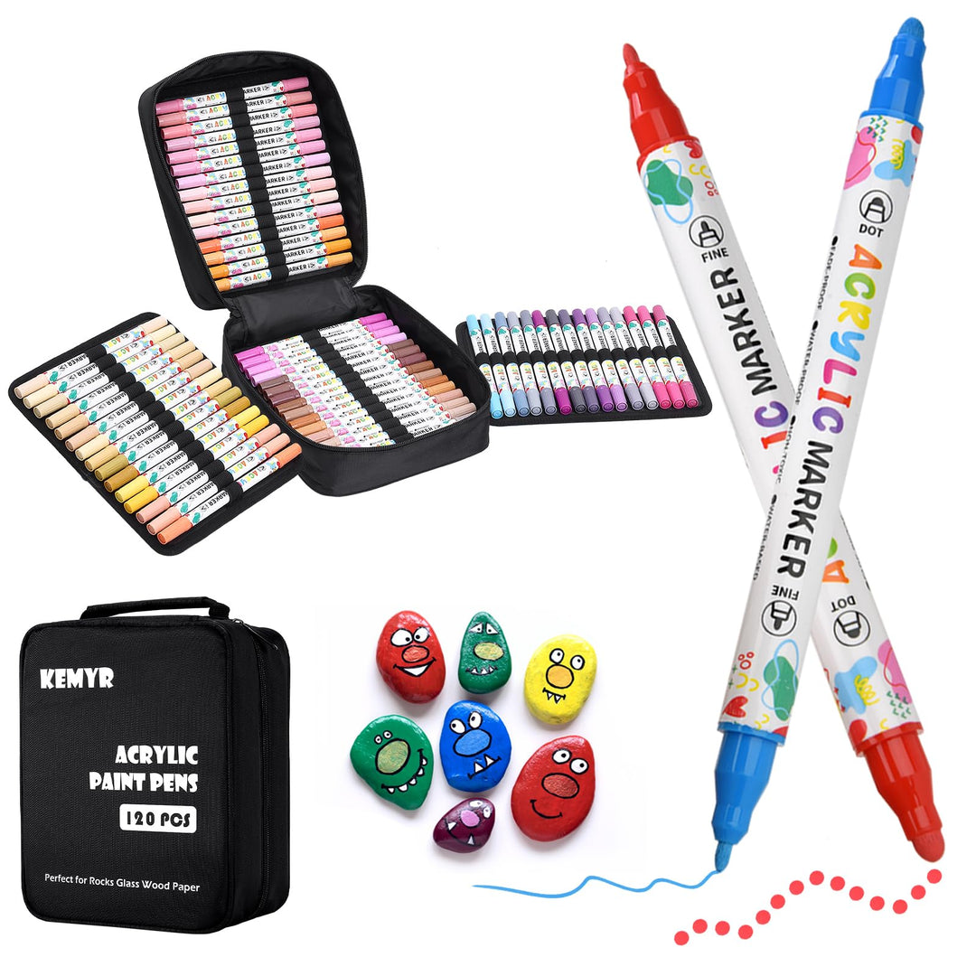 KEMYR 120 Farben Acrylstifte Set mit Doppelspitze, Acrylmarker Wasserfeste für Steine, Holz, Glas &