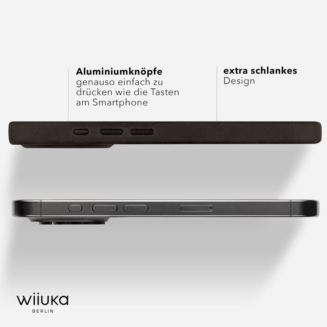 WIIUKA Hülle für iPhone 15 Pro, Leder aus Deutschland, Lederhülle extra Dünn, Premium Handyhülle, Ca