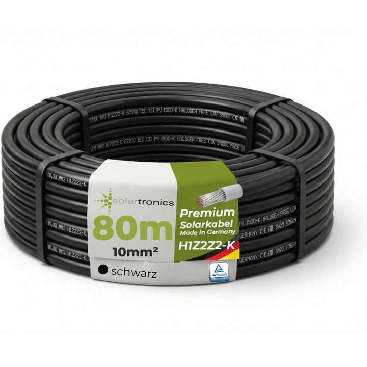 SOLARTRONICS Solarkabel 10mm² 80m Schwarz, H1Z2Z2-K, flexibel, erdverlegbar, PV-Kabel für Photovolta