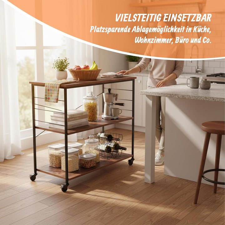 Relaxdays Küchenrollwagen, 3 Ablagen, 6 S-Haken, Küche, Servierwagen HxBxT: 87 x 80 x 40 cm, MDF & E