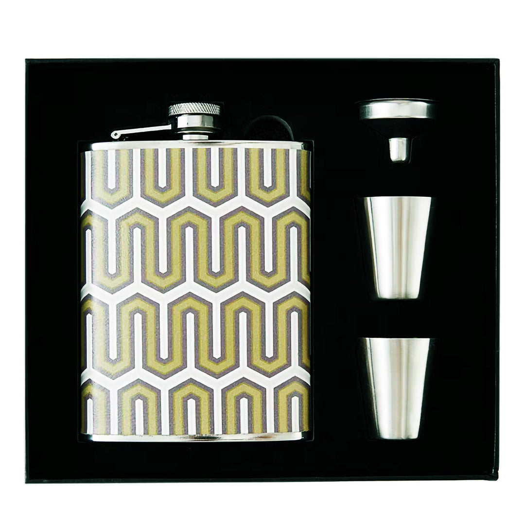 Luxuriöses 237 ml Edelstahl-Flachmann-Geschenkset mit 2 Schnapsgläsern und Trichter, lederbedruckter