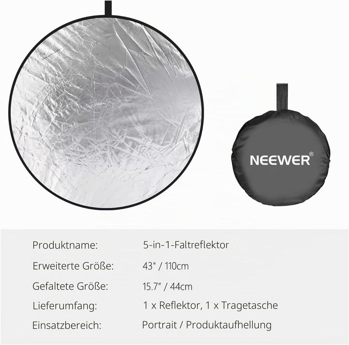 NEEWER 110cm Lichtreflektor Lichtdiffusor 5 in 1 zusammenklappbare Multischeibe mit Tasche, durchsch