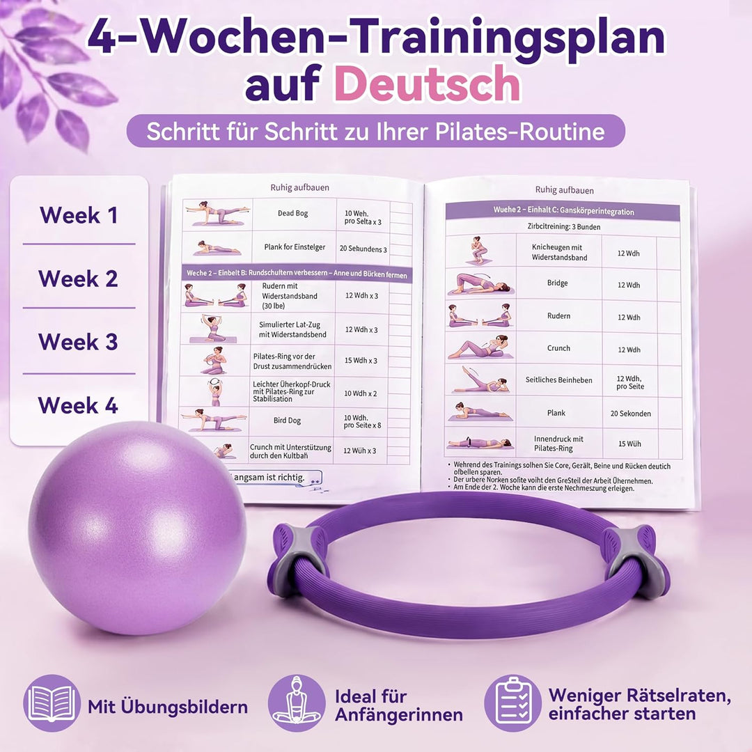 Pilates Set für Anfängerinnen, Pilates Ring Set mit Ball, 5 Widerstandsbändern, Socken, 4-Wochen-Pla