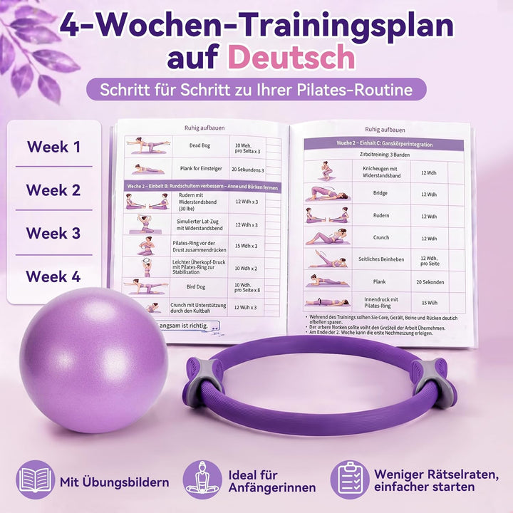 Pilates Set für Anfängerinnen, Pilates Ring Set mit Ball, 5 Widerstandsbändern, Socken, 4-Wochen-Pla