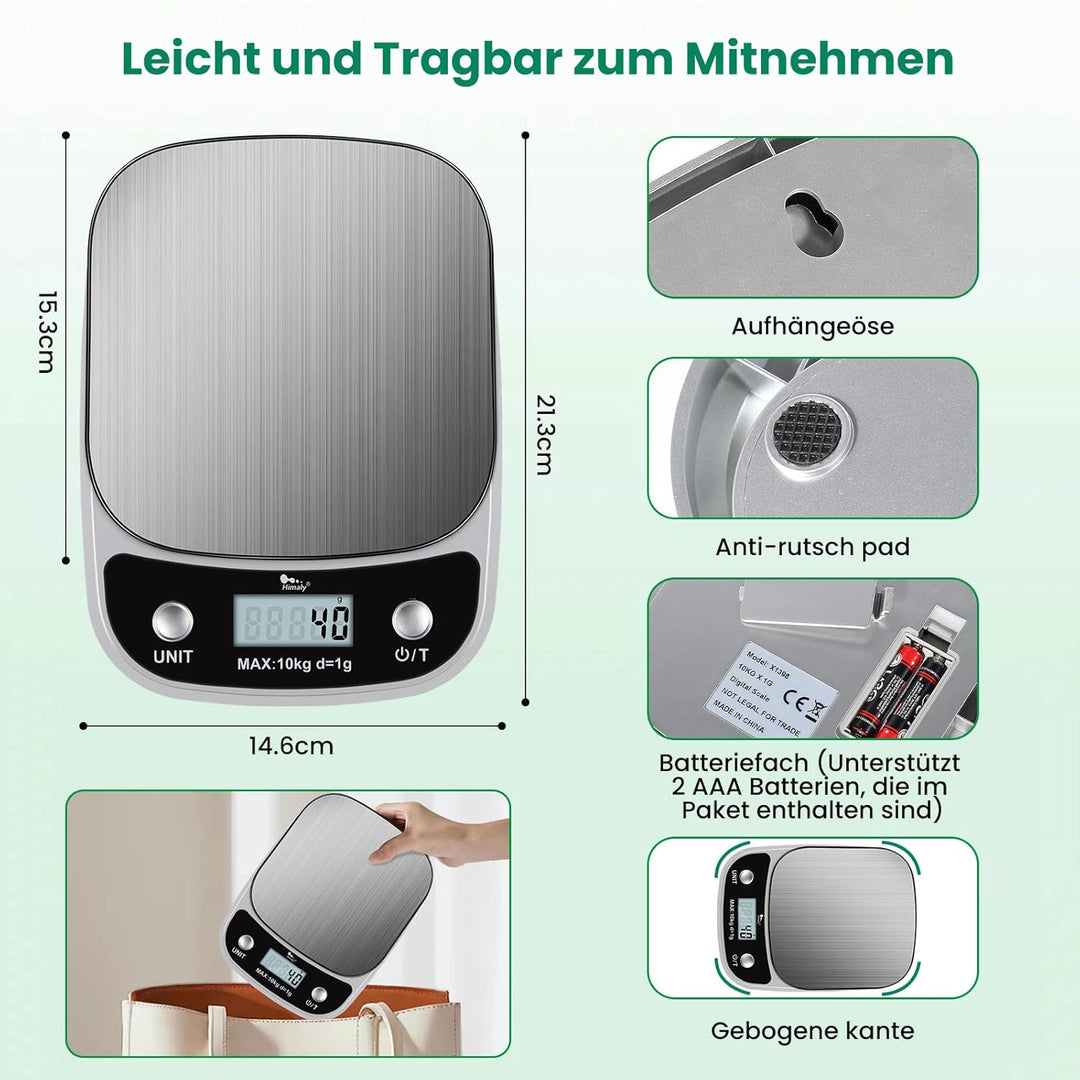 himaly Küchenwaage Digital 10KG aus Edelstahl Professionelle Waage, Tara-Funktion, aus Edelstahl mit