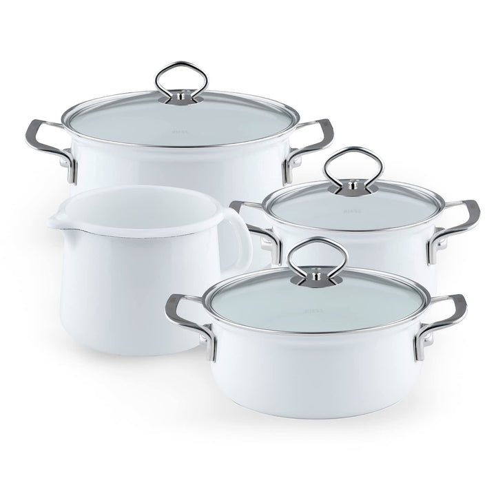 Riess, 0584-033, Familien-Set Emaille Töpfe 5-teilig, NOUVELLE - ARCTICWEISS, 2 Fleischtöpfe 16/20 c