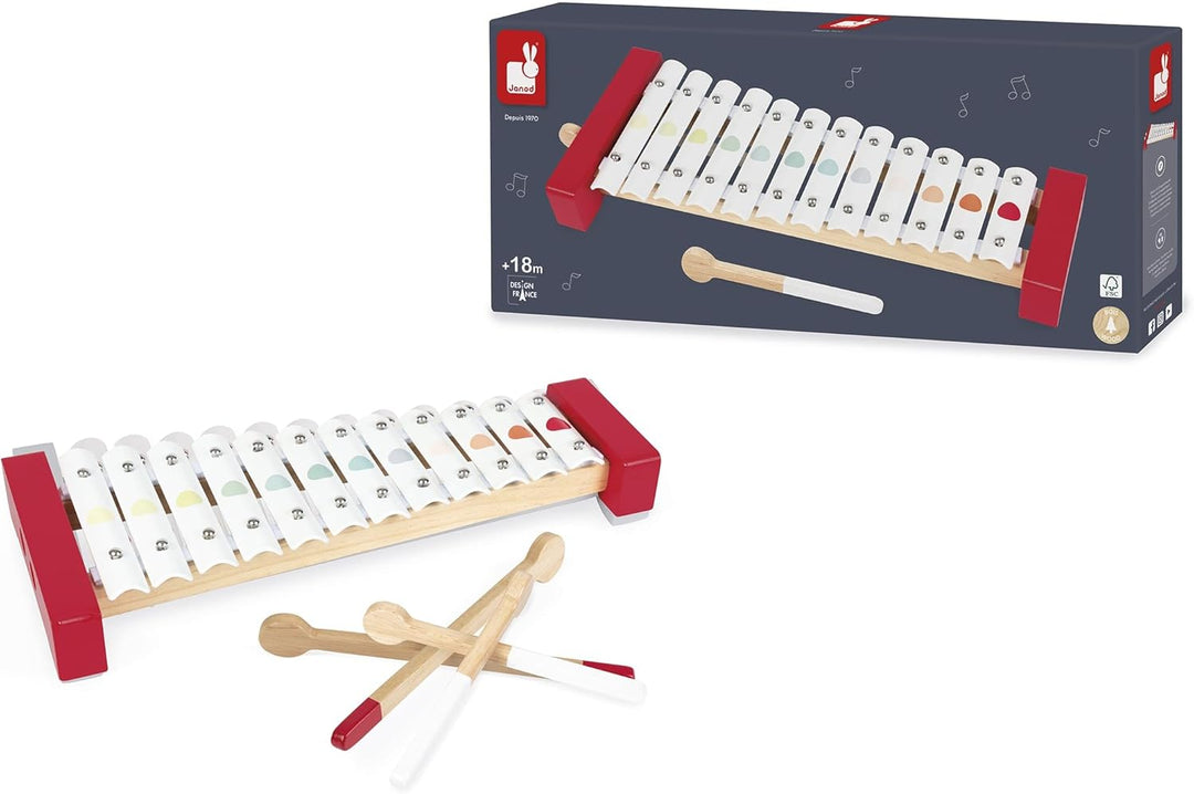 Janod - Confetti Holz- und Metall-Xylofon, Kinder-Musikinstrument, Spielzeugnachbildung und Spielzeu