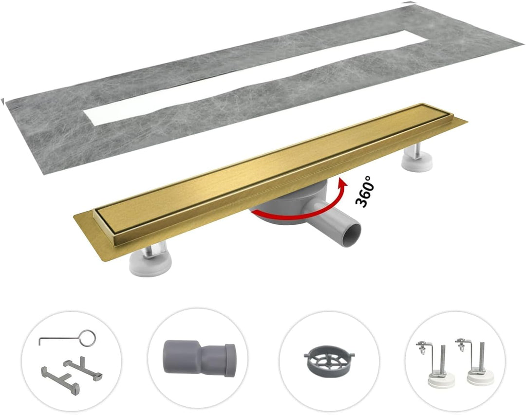 Duschrinne 50 cm, Gold Befliesbar Duschrinne extra flach, Edelstahl Bodenablauf Komplettset mit 360°