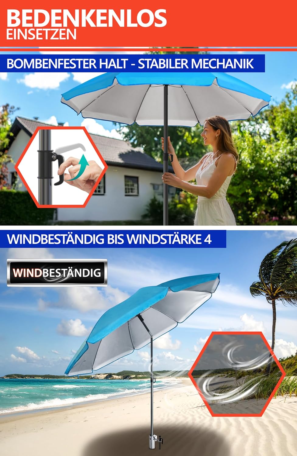 4smile Sonnenschirm Strand SET mit Eindrehbodenhülse, Ø 200 cm, Blau | Strandschirm Windfest Stabil