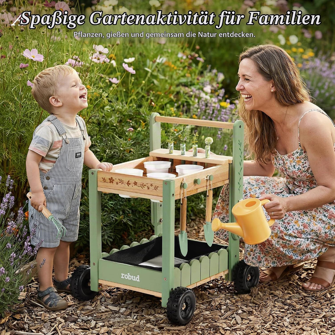 ROBUD Kinder Gartengeräte mit Holzwagen, Gartenwerkzeug mit Giesskanne, Schaufel, Handrechen, Pflanz