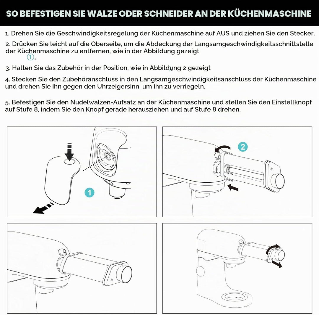 GVODE Nudelaufsatz für Kenwood Kmix KMX, inklusive Nudelblattwalze Spaghettischneider und Fettuccini