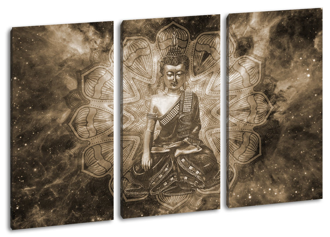 deyoli Abbild Buddhas im Universum Format: 3-teilig 120x80 Effekt: Sepia als Leinwand, Motiv fertig
