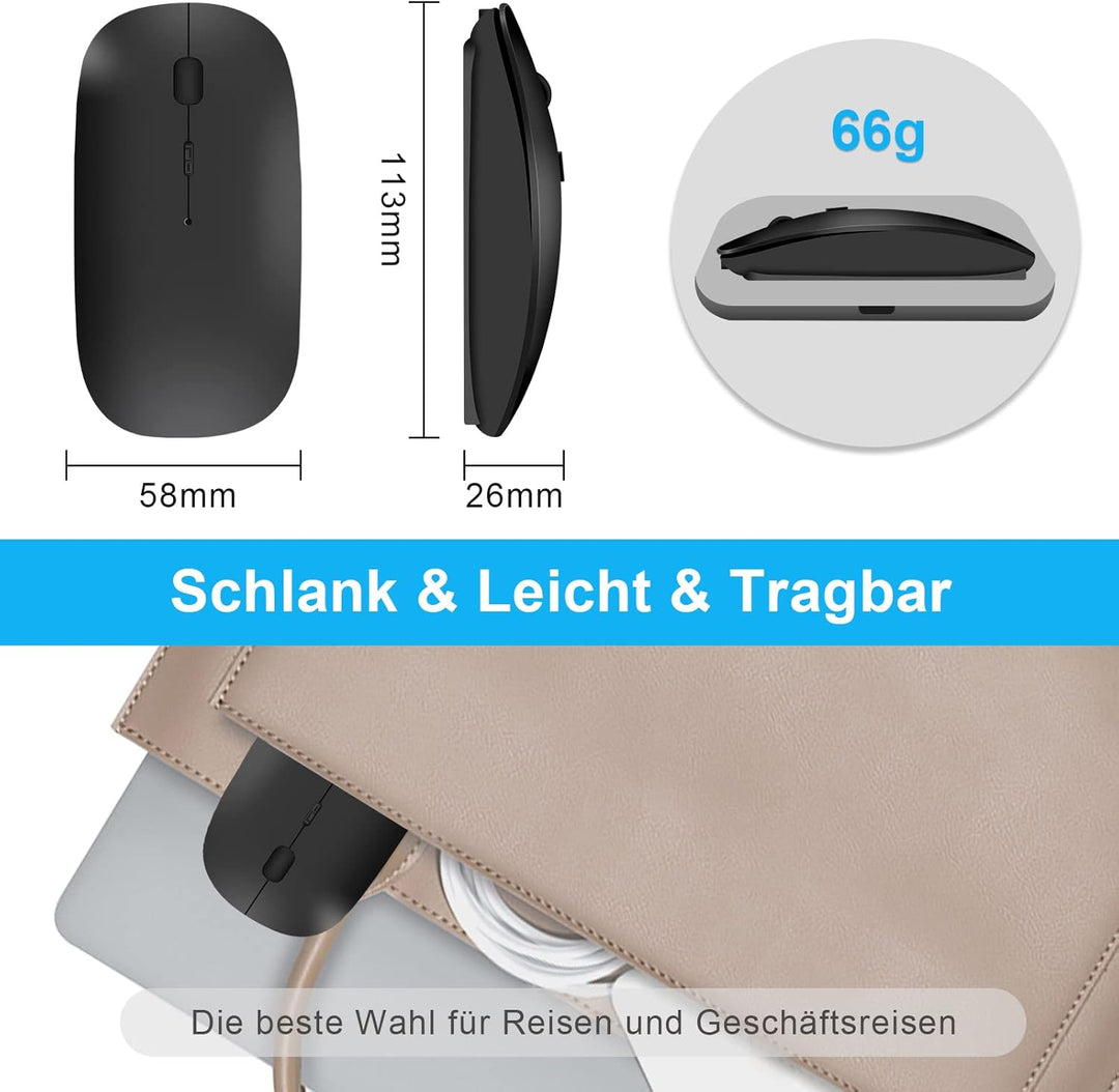 Kabellose Maus Bluetooth, (USB 2,4 GHz + Bluetooth 5.2 + USB-C-Adapter) FunkMaus wiederaufladbar für