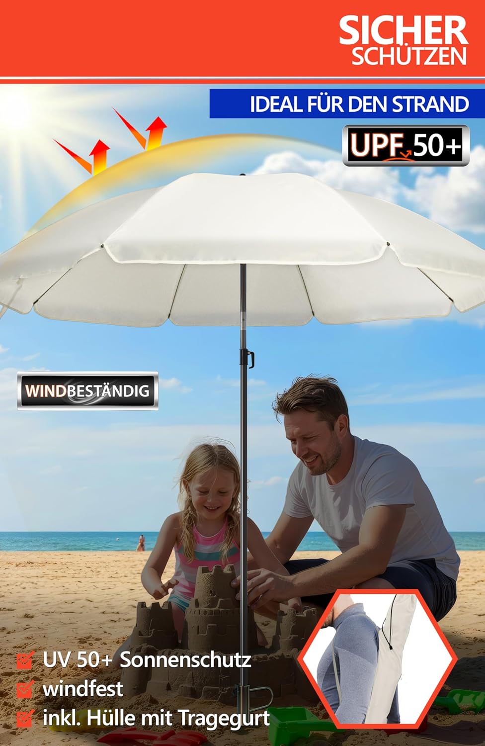 4smile Sonnenschirm Strand SunnyJoy Ø 160 cm, Beige – 3er Set inkl. Strandschirm windfest stabil, Ra