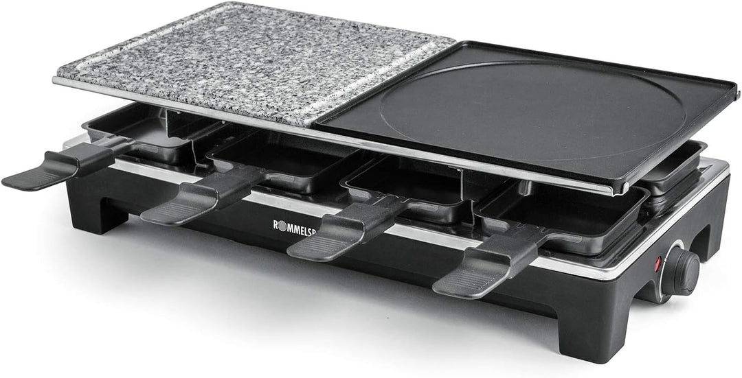 ROMMELSBACHER Raclette Grill RCS 1350 – 2 Wendegrillplatten, 1 Steingrillplatte, 8 Pfännchen, 8 Scha