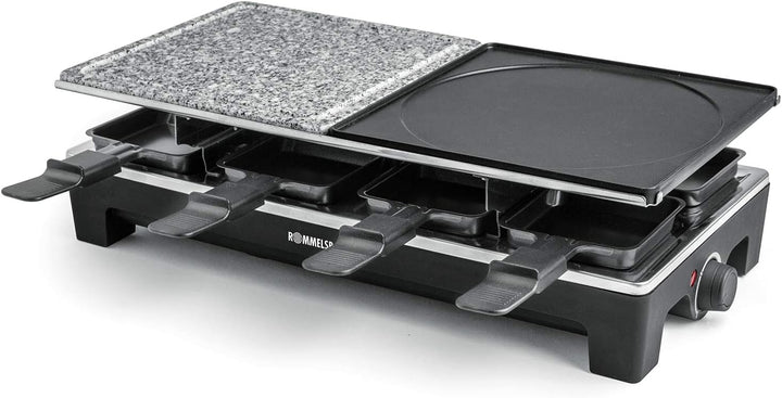 ROMMELSBACHER Raclette Grill RCS 1350 – 2 Wendegrillplatten, 1 Steingrillplatte, 8 Pfännchen, 8 Scha
