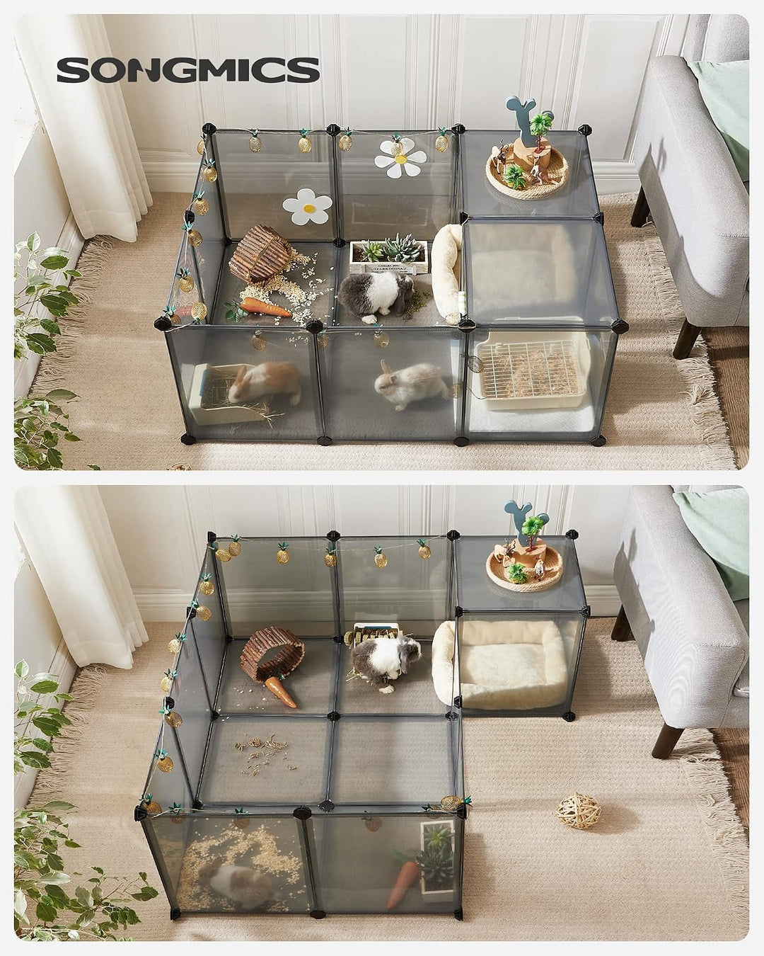 SONGMICS Freigehege mit Bodenplatten, Laufstall, Meerschweinchen Gehege, aus Kunststoff, Gehege für