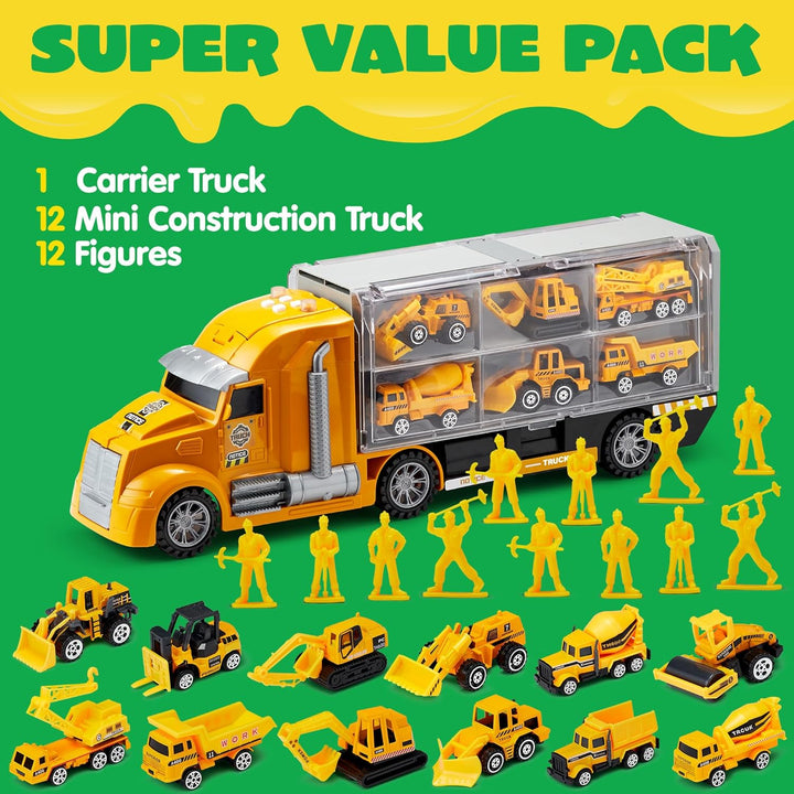 JOYIN 25-in-1-Spielzeugset aus Druckguss-Baufahrzeugen (einschliesslich Transporter, Bagger, Kipper,