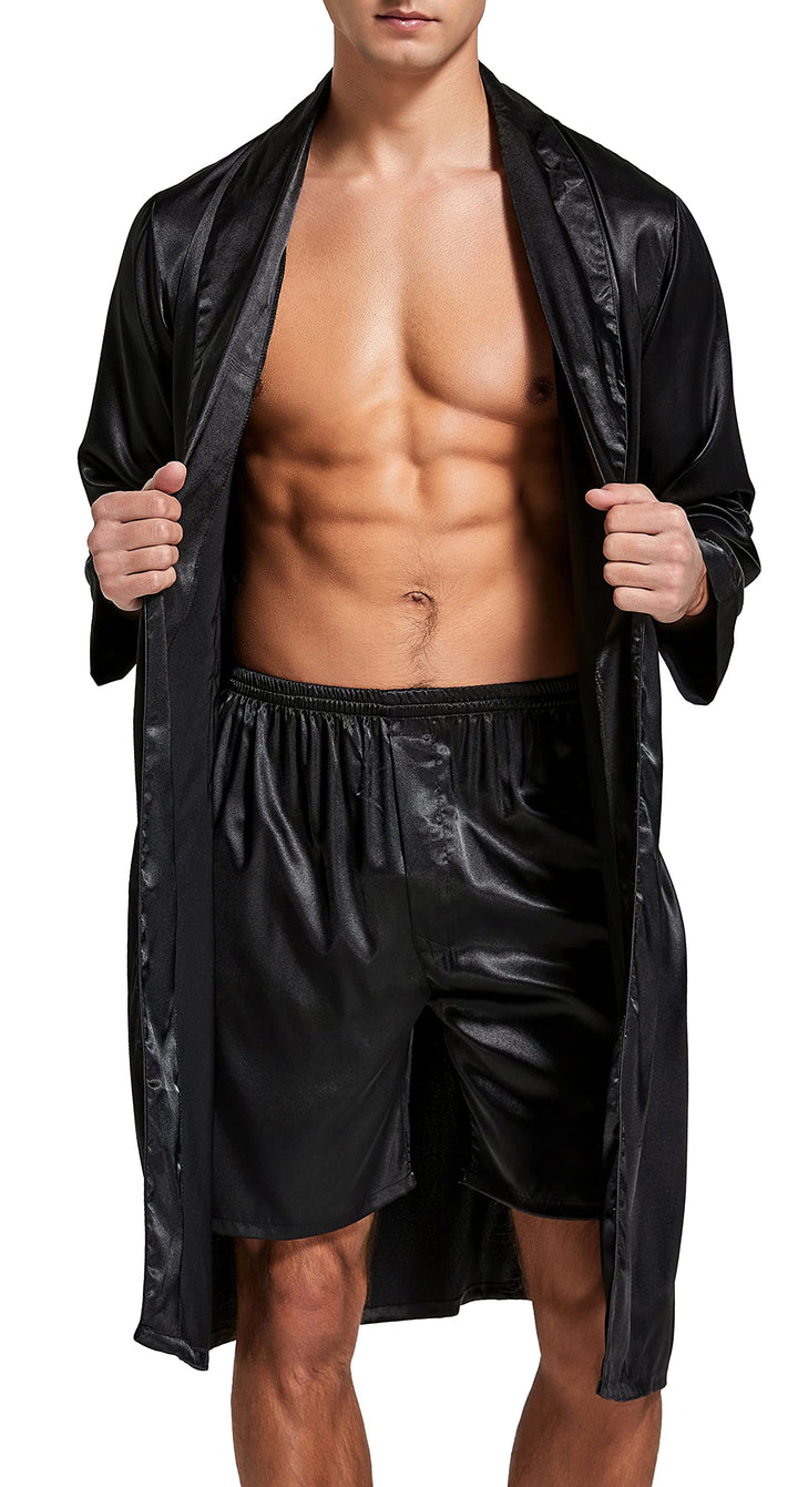 Herren Satin Bademantel, Leichter Seiden Langarm Bademantel mit Shorts Set, Spa Kimono Nachtwäsche M