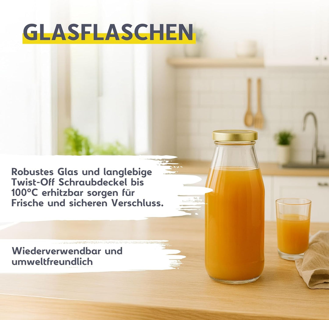 mikken 12 x Glasflasche 500 ml, Flasche mit Schraubverschluss gold inkl. Trichter