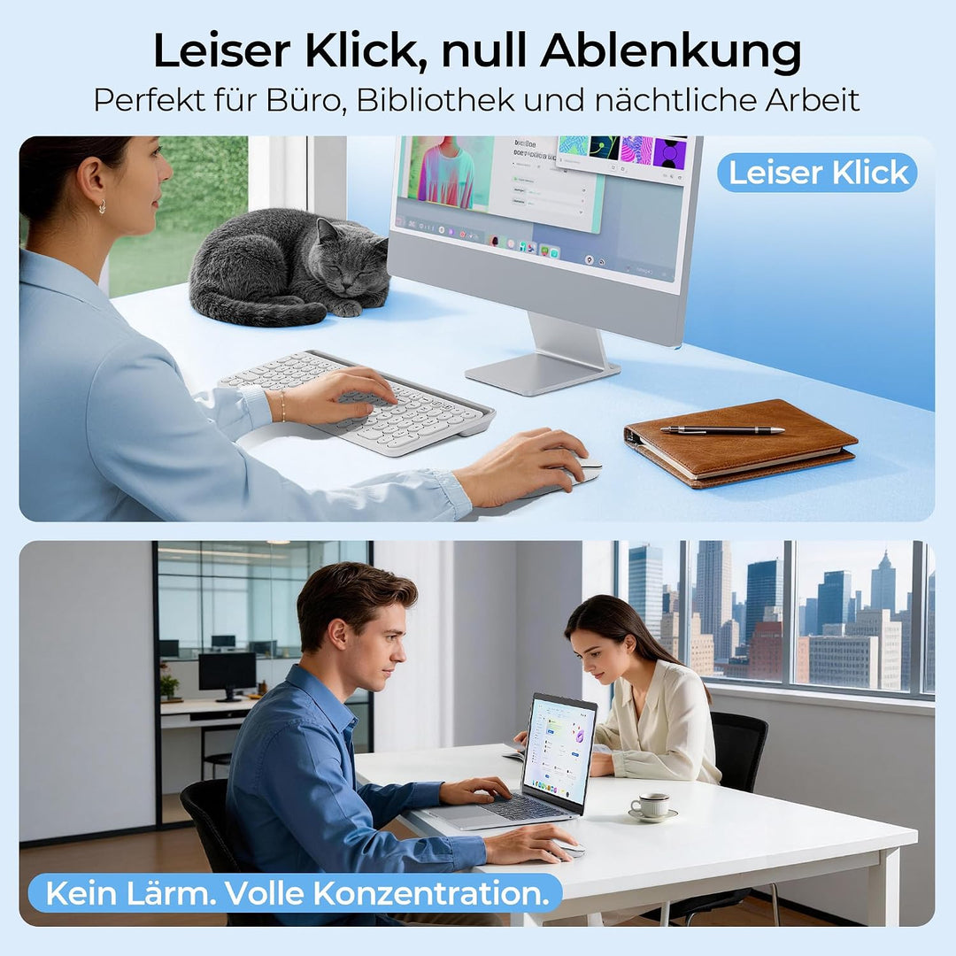 seenda MOU001 Bluetooth Maus, Leise, 3 Geräte Verbindung, Weiss-Silber | USB + Dual-Bluetooth, 3 DPI