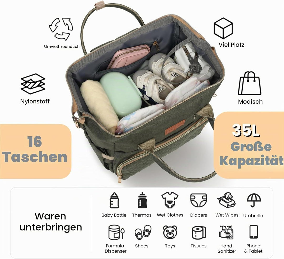 Wickelrucksack Gross - Baby Wickeltasche Rucksack Wasserdicht & Leicht mit Wickelunterlage, Schnulle
