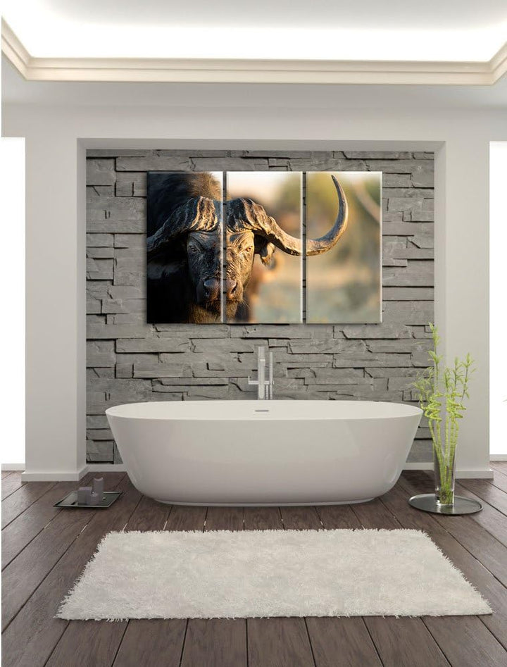 Pixxprint Kaffernbüffel mit Hörnern / 3-Teilig/Gesamtmass 120cm Leinwandbild bespannt auf Holzrahmen