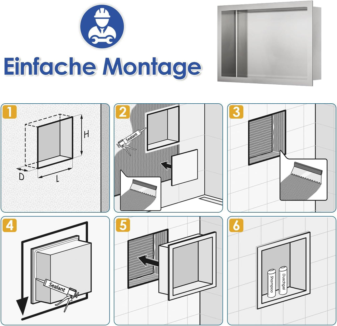 ROVOGO 45 x 30 x 10 cm Wandnische Dusche Edelstahl 304, Eingebettete Duschnische Einzelregal Lagerun