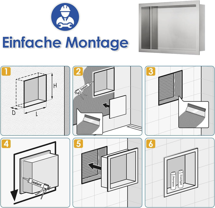 ROVOGO 45 x 30 x 10 cm Wandnische Dusche Edelstahl 304, Eingebettete Duschnische Einzelregal Lagerun