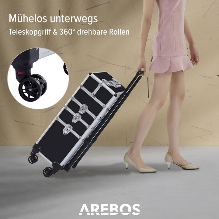Arebos 4-in-1 Kosmetikkoffer | 4 Fächer & 1 Schublade | Teleskop- und Tragegriff | 8 Schlösser | 4X