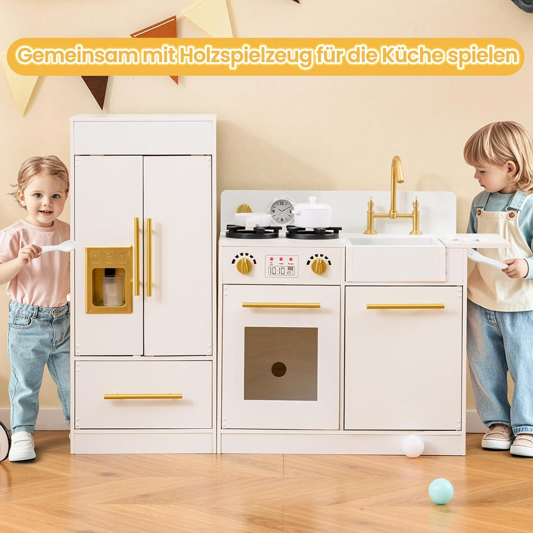 COSTWAY Kinderküche mit Kühlschrank, Spielküche Holz mit Herd & Spüle & Spülmaschine, Spielzeugküche