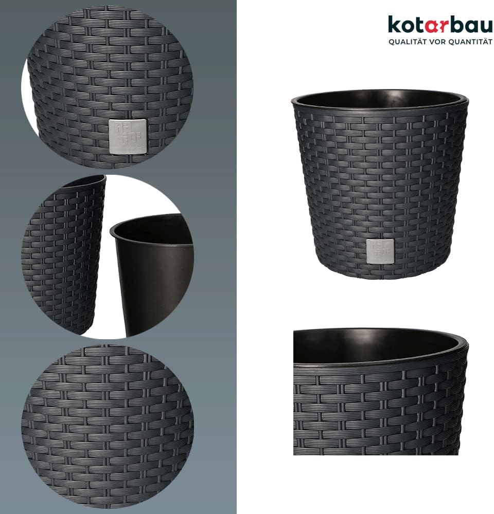 KOTARBAU® Blumentopf Ø 200x190mm Rattandesign Rund mit Innentopf Anthrazit, 200x190mm