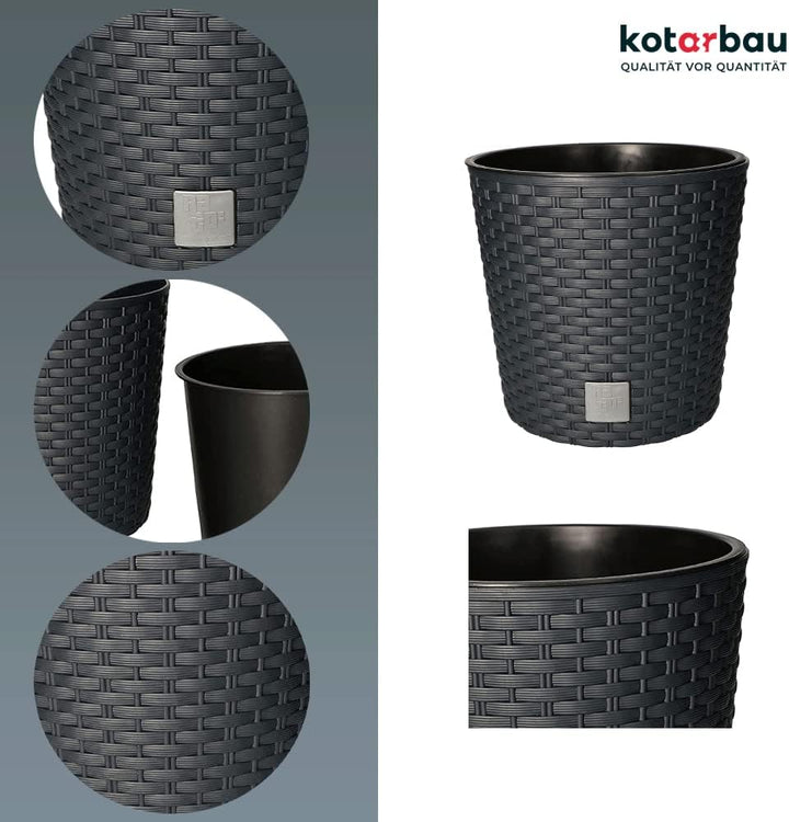 KOTARBAU® Blumentopf Ø 200x190mm Rattandesign Rund mit Innentopf Anthrazit, 200x190mm