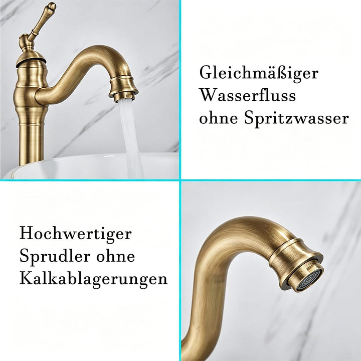 Rozin Wasserhahn Bad Antik Messing Arbeitsplatte Wasserhahn Hoch Waschtischarmatur 360°Schwenkbar Ei