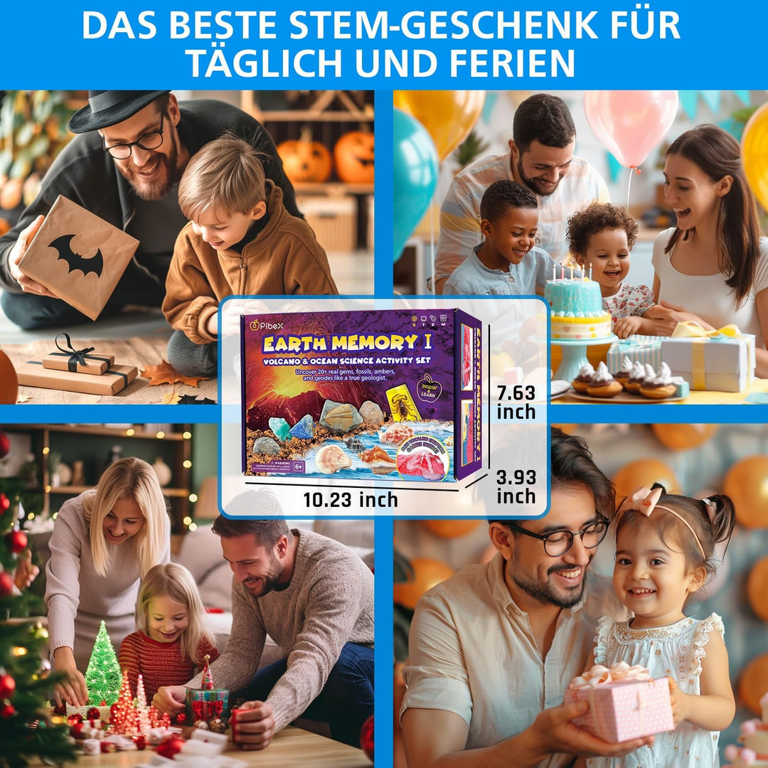 Fossilien &amp; Edelsteine Ausgrabungsset mit Vulkanexperiment, 20+ echte Funde (Geode, Muscheln, Meeres