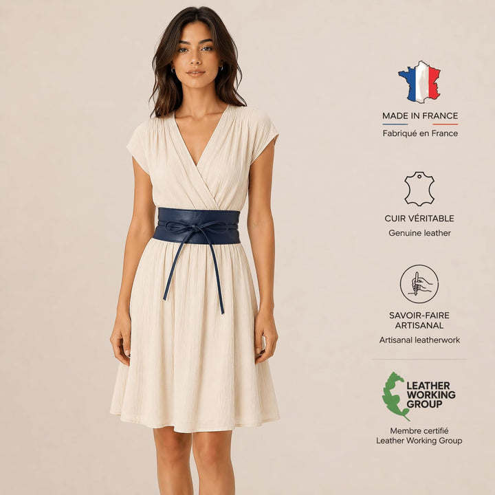 FASHIONGEN - Echtem Rindsleder Vollnarbenleder Obi Gürtel für Damen, Bindgürtel, CASSIANE S-M Blau M