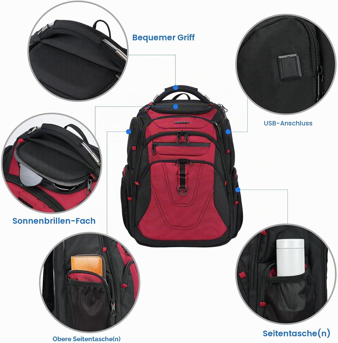 KROSER Laptop Rucksack Herren 17,3 Zoll Business Reiserucksack Handgepäck Wasserdicht mit Hartgeschä
