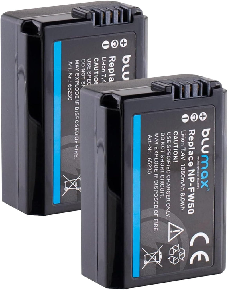 2X Blumax Akku NP-FW50 1080mAh ersetzt Sony Alpha ZV-E10 Alpha 7 7-III 7II 7rm2 7rii Alpha 5000 5100