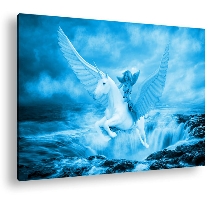 Frau auf dem edlen Pegasus Format: 80x60 Effekt: Monocrome Blau als Leinwand, Motiv fertig gerahmt a