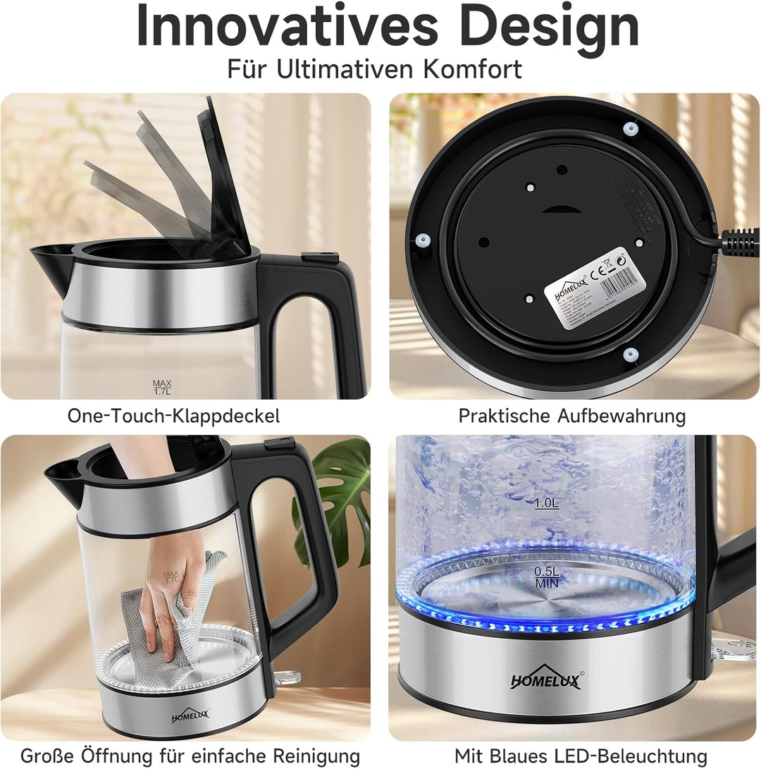 Wasserkocher Glas, 1. 7L Teekocher Elektrisch mit Skalenstrichen, 2200 Watt Wasserkocher Durchsichti