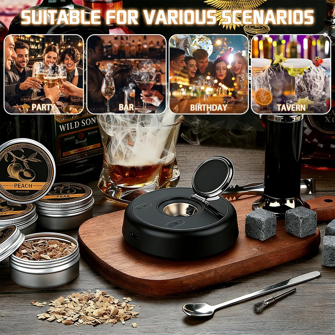 Whisky Smoker Set,Wiederaufladbarer Cocktail Smoker Kit mit 6 Flavors Holzspänen,RGB Licht,für Whisk