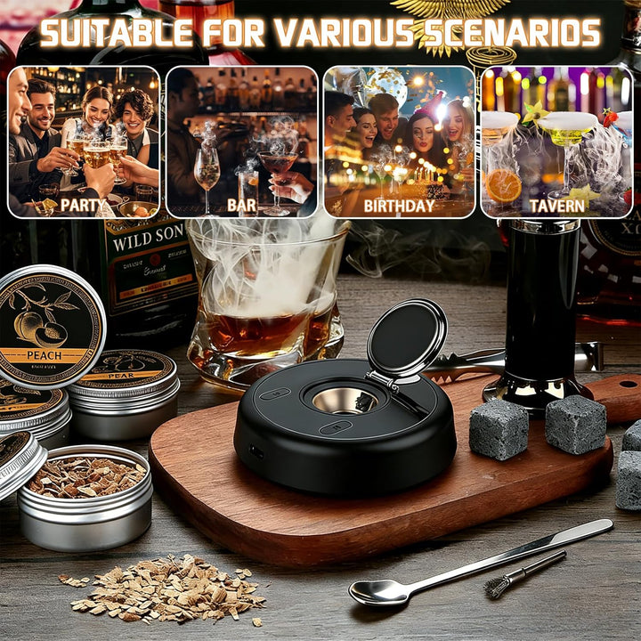 Whisky Smoker Set,Wiederaufladbarer Cocktail Smoker Kit mit 6 Flavors Holzspänen,RGB Licht,für Whisk