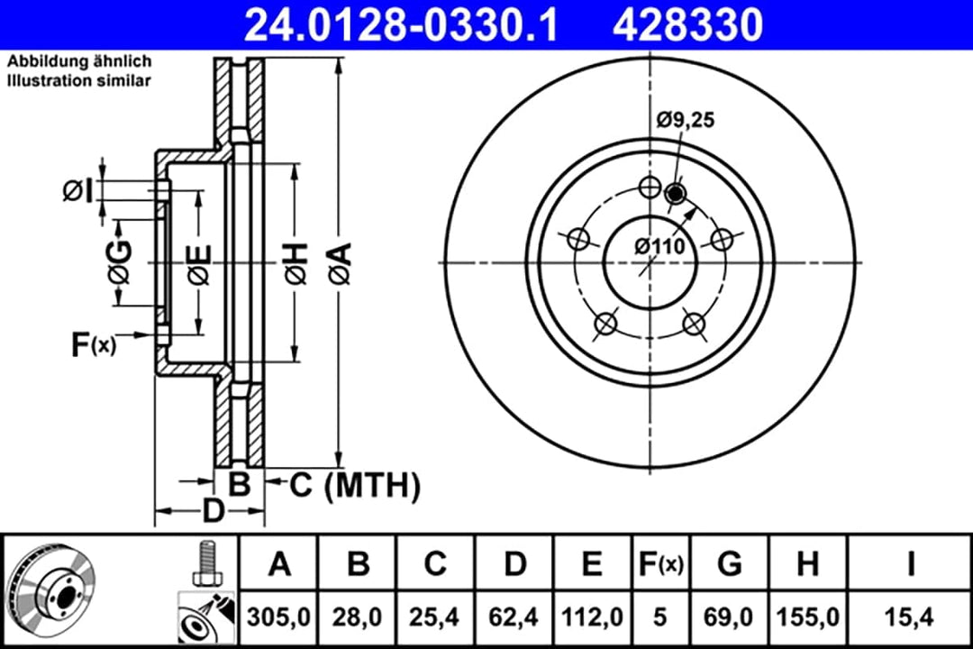 ATE Original Bremsscheibe - 1 Bremsscheibe - 24.0128-0330.1 - ECE-R90 Strassenzulassung